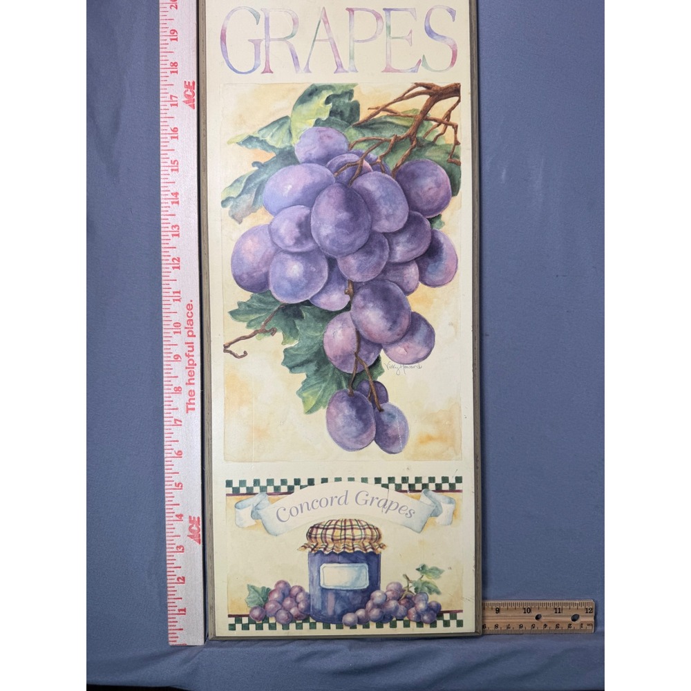 Vicky Howard Concord Grapes Fruit Plaque Watercolor Style Wood Wall Art 20" x 7"